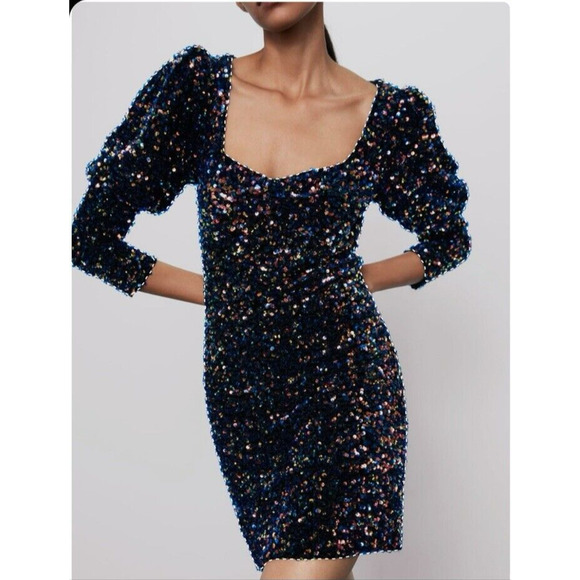 ZARA NWT WOMANS MULTICOLORED SEQUIN VELVET PUFF SLEEVE BODYCON MINI DRESS‎ SZ M - Picture 2 of 15